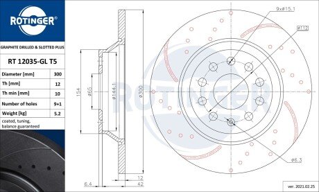 RT12035GLT5 Диск тормозной с перфорацией и слотированием с графитовым покрытием ROTINGER підбір по vin на Brocar