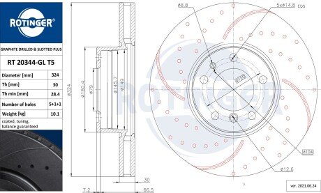 RT20050GLT5 Диск тормозной с перфорацией и слотированием с графитовым покрытием ROTINGER підбір по vin на Brocar