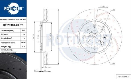 RT20381GLT5 Диск тормозной с перфорацией и слотированием с графитовым покрытием ROTINGER підбір по vin на Brocar