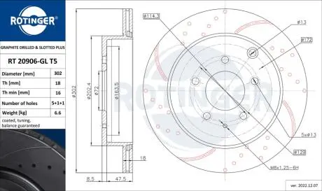 RT20906GLT5 Диск тормозной с перфорацией и слотированием с графитовым покрытием ROTINGER подбор по vin на Brocar