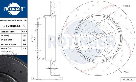 RT21040GLT5 Диск тормозной с перфорацией и слотированием с графитовым покрытием ROTINGER подбор по vin на Brocar