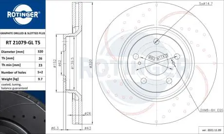 RT21079GLT5 Диск тормозной с перфорацией и слотированием с графитовым покрытием ROTINGER подбор по vin на Brocar