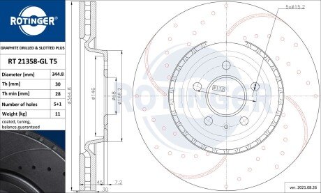 RT21358GLT5 Диск тормозной с перфорацией и слотированием с графитовым покрытием ROTINGER підбір по vin на Brocar