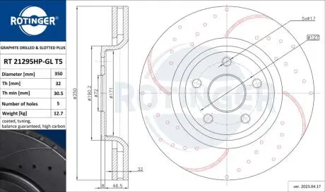 RT21295HPGLT5 Диск тормозной с перфорацией и слотированием с графитовым покрытием ROTINGER підбір по vin на Brocar