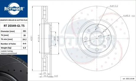 RT20349GLT5 Диск тормозной с перфорацией и слотированием с графитовым покрытием ROTINGER подбор по vin на Brocar