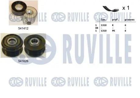 570160 RUVILLE FIAT К-кт ГРМ (ремінь+ натяжний пристрій+шків генератора) DOBLO 1.3 05-05, 500 1.3 07- RUVILLE подбор по vin на Brocar