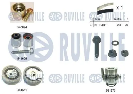 5503191 RUVILLE VW К-кт ГРМ (помпа+рем.+3 ролика +крепл.) Golf,Passat,Audi A4,Skoda RUVILLE підбір по vin на Brocar