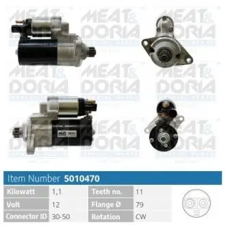 5010470 MEATDORIA AUDI Стартер A3 (8V1, 8VK) S3 quattro 14-16, VW JETTA IV 2.0 TSI 12-17, SKODA OCTAVIA III Combi (5E5, 5E6) 2.0 TSI RS 15-20 MEAT&DORIA подбор по vin на Brocar