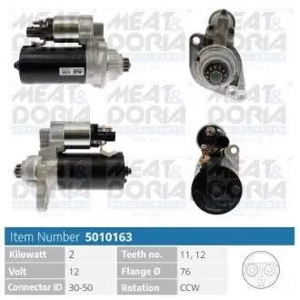 5010163 MEATDORIA AUDI Стартер A3 (8P1) 1.6 TDI 09-12, A1 (8X1, 8XK) 1.6 TDI 10-15, SEAT, SKODA, VW MEAT&DORIA подбор по vin на Brocar