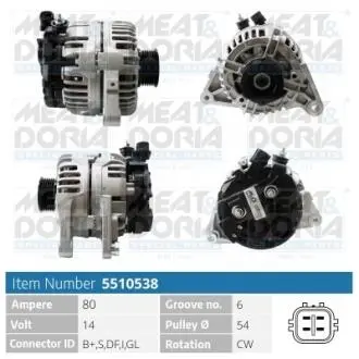 5510538 MEATDORIA TOYOTA Генератор AVENSIS (_T22_) 1.8 VVT-i 00-03 MEAT&DORIA підбір по vin на Brocar