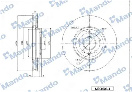 MBC030211 MANDO OPEL диск гальмівний передн.Chevrolet Cruze 1.6 09-, Astra J MANDO підбір по vin на Brocar