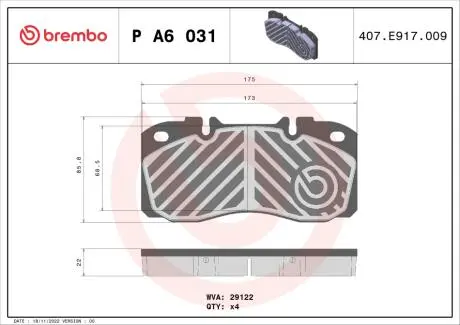 PA6031 Комплект гальмівних накладок, дискове гальмо BREMBO підбір по vin на Brocar