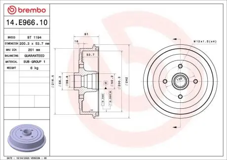 14E96610 Гальмівний барабан Lanos/Nubira 97- (200,3x53,7mm)/к-т без підшипн. BREMBO підбір по vin на Brocar