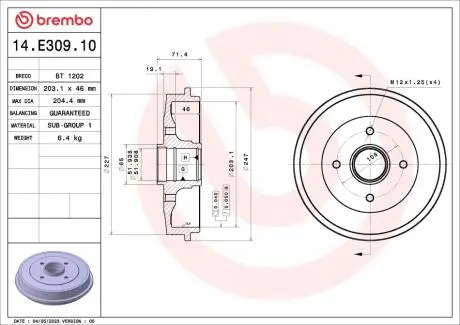 14E30910 Гальмівний барабан BREMBO підбір по vin на Brocar