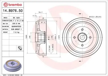 14B97650 Гальмівний барабан C3 09-/208 12- (228,7x51,2mm)/к-т з підшипн. BREMBO підбір по vin на Brocar