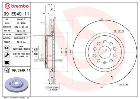 09E94911 Автозапчастина BREMBO підбір по vin на Brocar