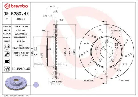 09B2804X Автозапчастина BREMBO підбір по vin на Brocar