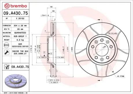 09A43075 Гальмівний диск BREMBO подбор по vin на Brocar