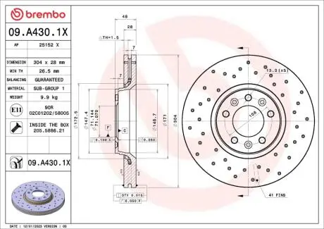 09A4301X Гальмівний диск BREMBO підбір по vin на Brocar