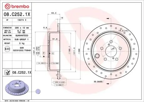 08C2521X Гальмівний диск BREMBO підбір по vin на Brocar