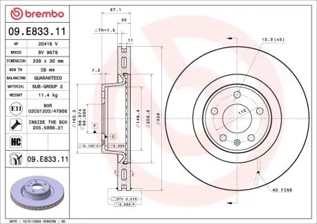 09E83311 Гальмівний диск BREMBO підбір по vin на Brocar
