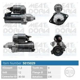 5015029 MEATDORIA Стартер (12V, 1,3kW) ALFA ROMEO MITO FIAT DOBLO, DOBLO CARGO, FIORINO, GRANDE PUNTO, IDEA, LINEA, PANDA, PUNTO, QUBO, SIENA LANCIA MUSA OPEL COMBO, COMBO TOUR, CORSA D 1.3D/1.9D 06.03- MEAT&DORIA підбір по vin на Brocar