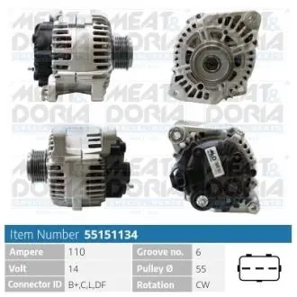 55151134 MEATDORIA HYUNDAI Генератор SONATA V (NF) 2.0 VVTi GLS 05-10, KIA SORENTO I (JC) 2.4 02-09 MEAT&DORIA підбір по vin на Brocar