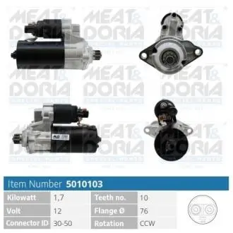 5010103 MEATDORIA SKODA Стартер OCTAVIA II (1Z3) 2.0 TDI 16V 04-13, SUPERB II (3T4) 2.0 TDI 08-10 MEAT&DORIA підбір по vin на Brocar