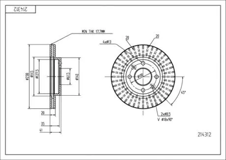 214312 Диск гальмівний пер. Renault Kangoo I 1.2-1.4-1.9D, Clio II, Megane I, 19, (238mmx20mm) (HART) HART підбір по vin на Brocar