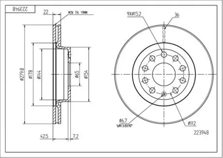 223948 Диск гальмівний пер. VW Caddy III, Golf 5, Jetta III (280mmx22mm) (HART) HART підбір по vin на Brocar