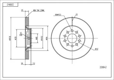 220842 Диск гальмівний пер. Audi A4/A6/VW Passat (00-09) (312mm25mm) (HART) HART подбор по vin на Brocar