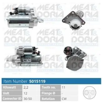 5015119 MEATDORIA CITROEN Стартер BERLINGO MULTISPACE (B9) 1.6 HDi 110 08-, C3 II (SC_) 1.6 HDi 115 12-, JUMPY II 2.0 i 07-16, PEUGEOT 2008 I 1.6 HDi 13-, OPEL COMBO E Tour 1.5 18-, SUZUKI SX4 1.6 DDIS MEAT&DORIA підбір по vin на Brocar