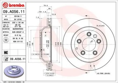 09A05611 Диск BREMBO підбір по vin на Brocar
